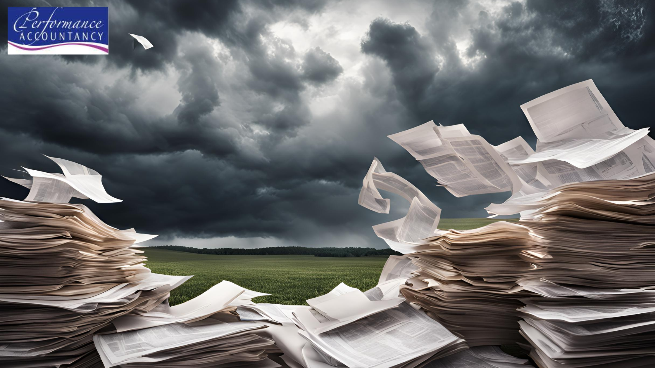 A dramatic stormy sky looms over stacks of paperwork, with sheets flying in the wind—symbolising tax deadline stress, delays, and the chaos of navigating HMRC rules: Overlap Relief