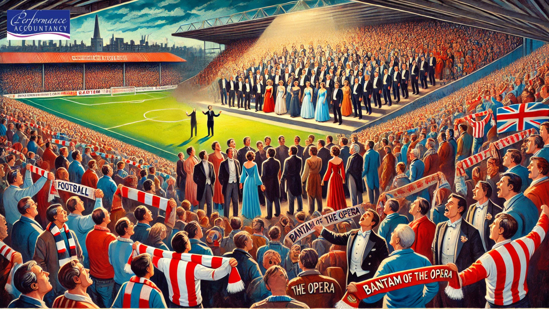A vibrant scene depicting a football stadium with passionate Bradford City fans singing in an opera choir, symbolising the Bantam of the Opera project, part of Bradford’s City of Culture 2025 celebrations.