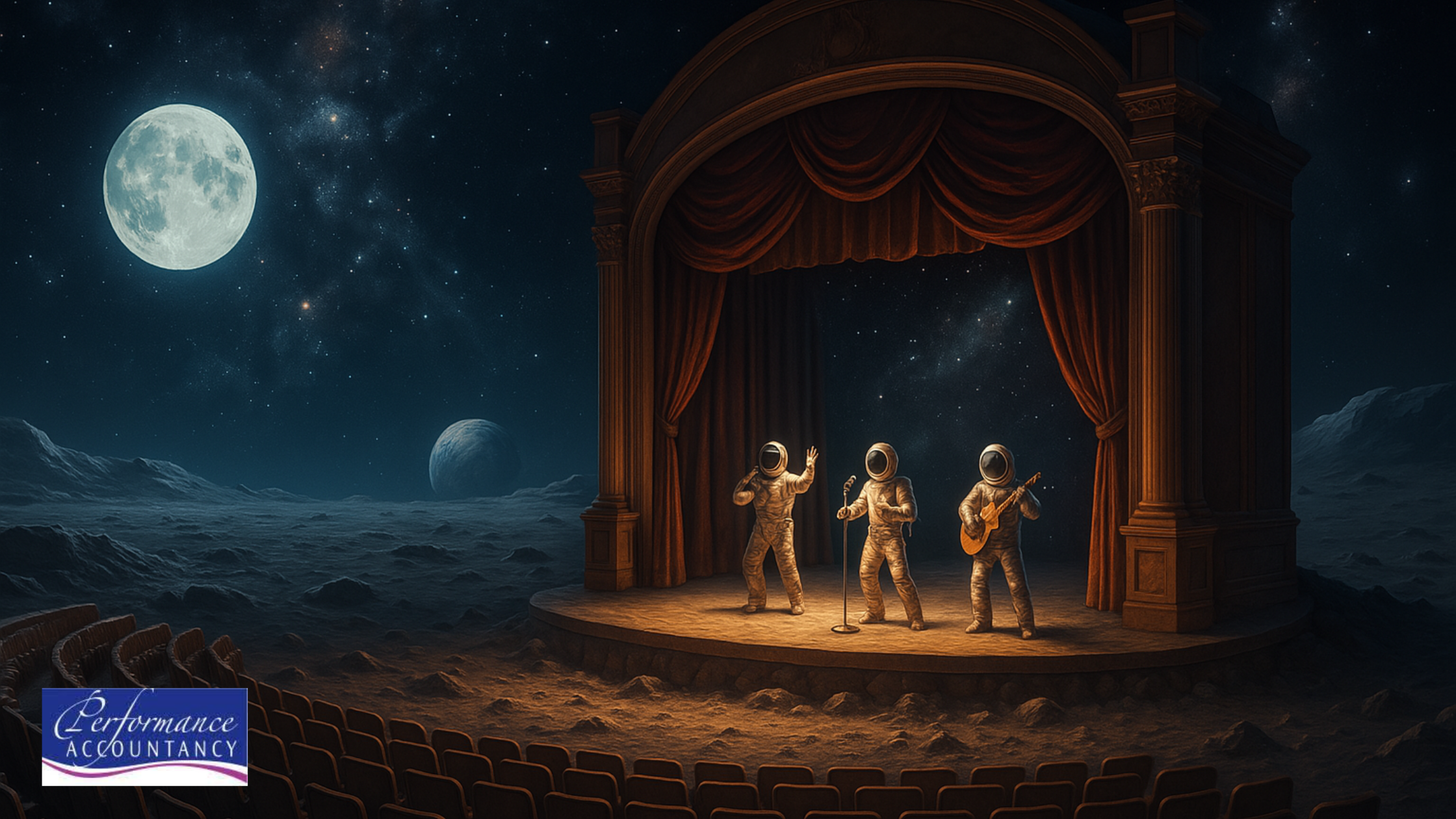 A surreal theatre scene on the moon, with performers in space helmets on stage under a starry sky. Outta This World News – Theatre is Going Galactic! Performance Accountancy