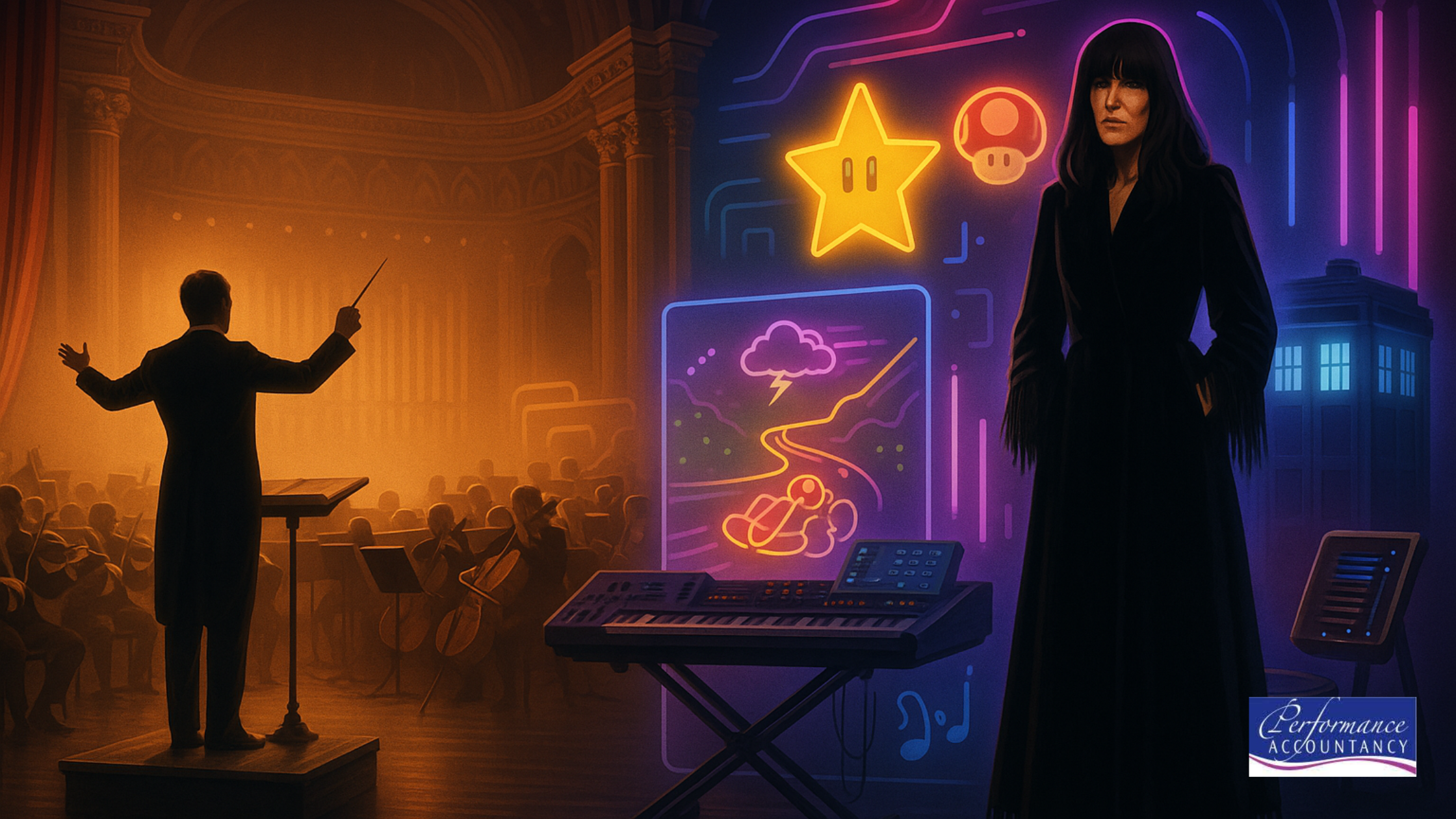 A vibrant digital illustration of a grand concert hall stage blending modern and classical music. Verdi conducts an orchestra on one side, while Mario and the Doctor from Doctor Who perform on the other. Claudia Winkleman, in her signature fringe and glamour, stands center stage under dramatic lighting. The audience is a mix of classical music lovers and pop culture fans, symbolising the fusion of tradition and modernity at the BBC Proms. Performance Accountancy